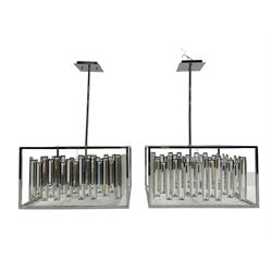 Pair of large chrome square light fittings, mirrored interior and exterior with six branch fitting