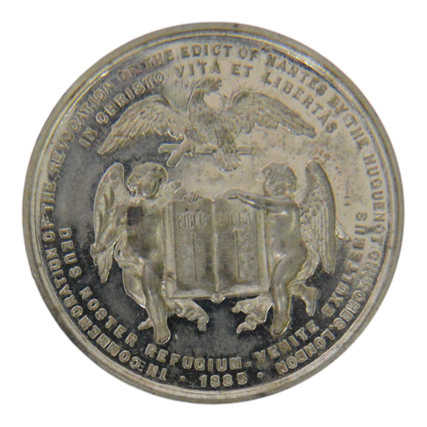 Victorian medal commemorating the 200th Anniversary of the Revocation of the Edict of Nantes in 1885, in Elkington & Co case