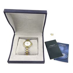 Longinges Flagship quartz two tone stainless steel bracelet wristwatch No. L5 651 3, with date aperture, boxed with papers and additional link