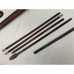 George V 1897 pattern Infantry officers sword, the 82cm single fullered blade with traces of etched detail and George V crown cipher, the ricasso marked Hawksworth Sheffield, pierced half basket hilt with George V cypher, wire-bound fish-skin grip with brass pommel and backstrap; in leather scabbard L102cm overall; together with two sectional gun cleaning rods; swagger stick made of leather strips etc