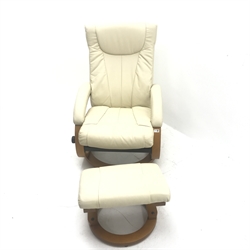 Swivel reclining lightwood framed armchair upholstered in cream faux leather (W68cm) and matching foot stool