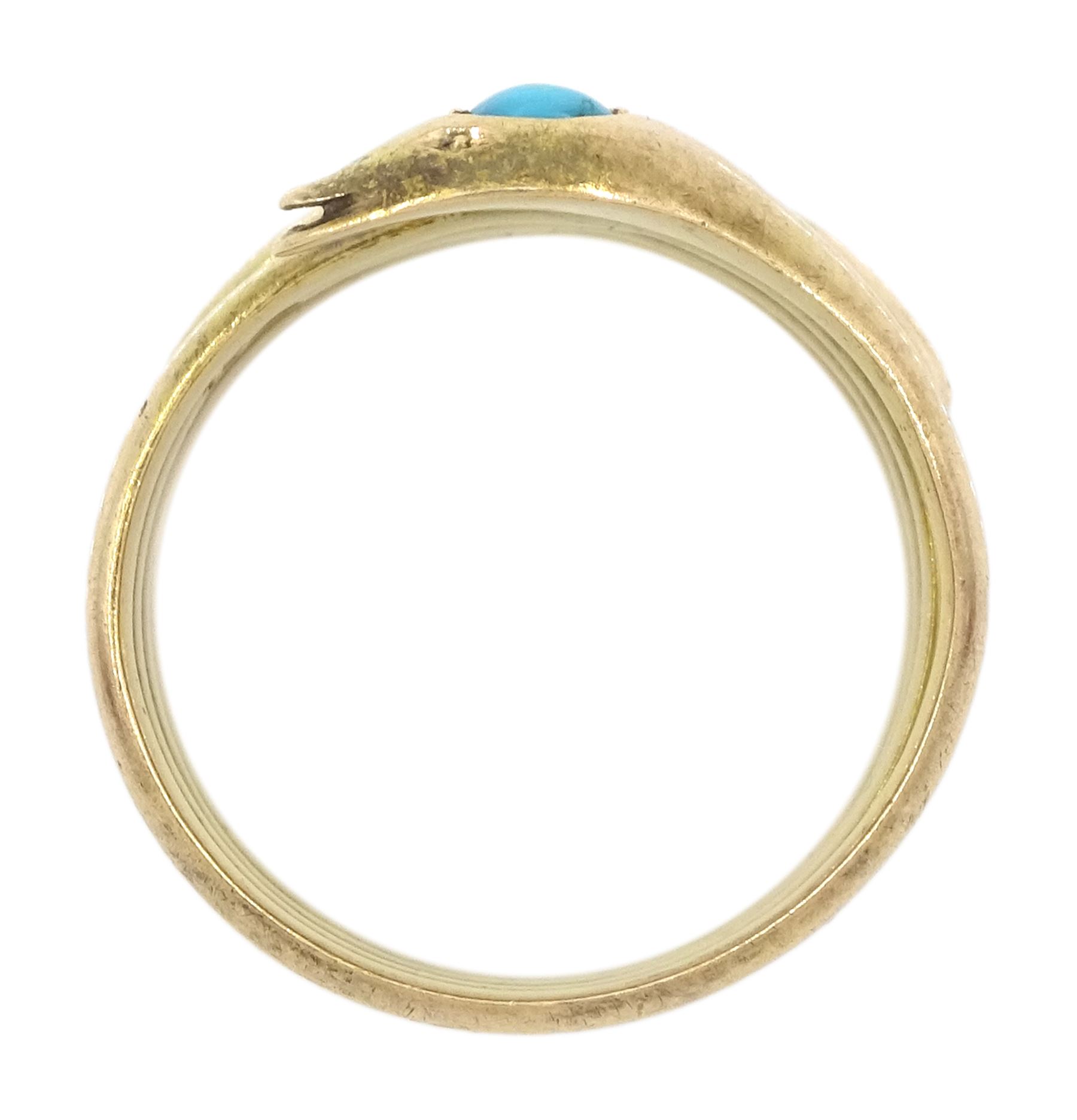 Victorian gold coiled snake ring, the head set with a single stone turquoise, stamped 15ct