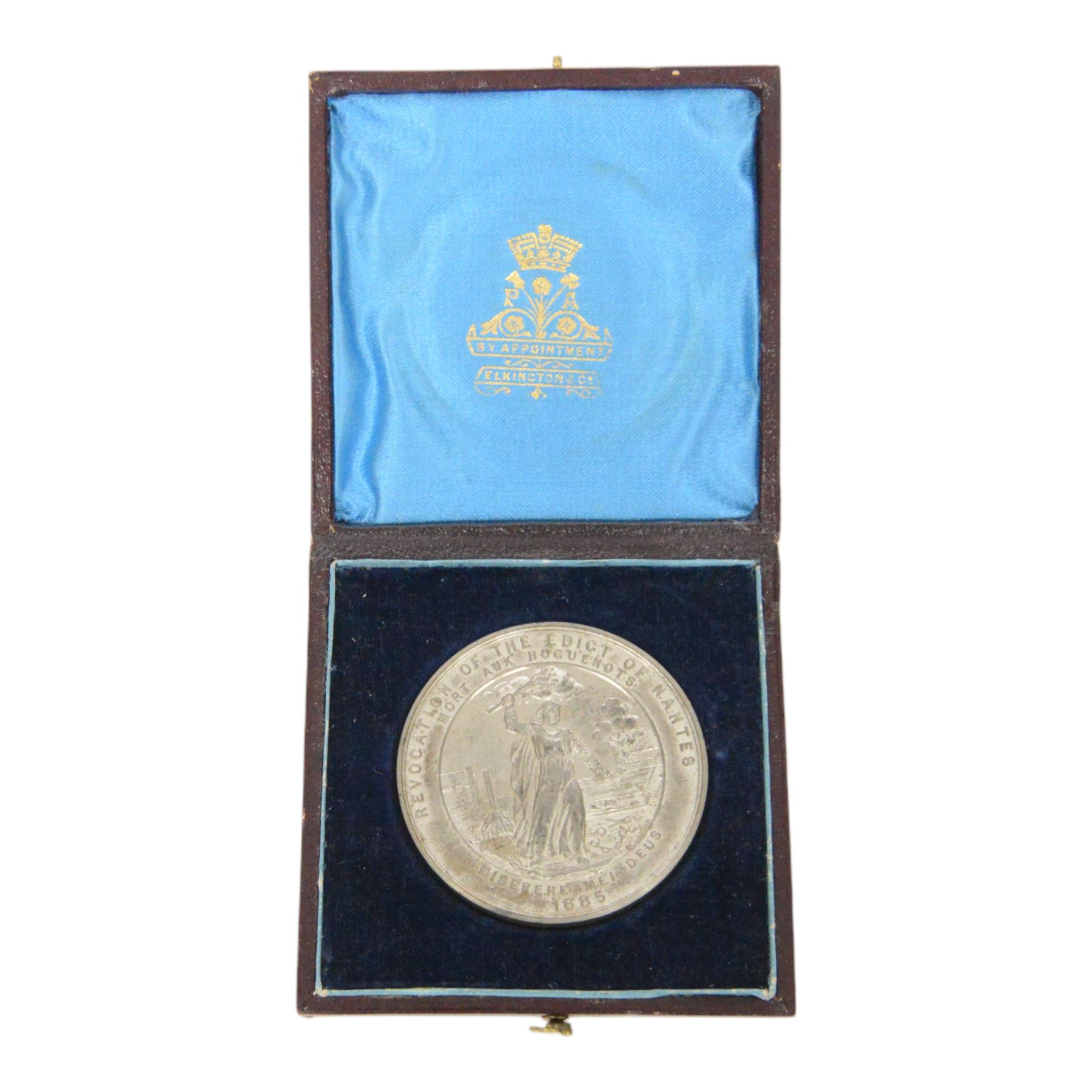 Victorian medal commemorating the 200th Anniversary of the Revocation of the Edict of Nantes in 1885, in Elkington & Co case