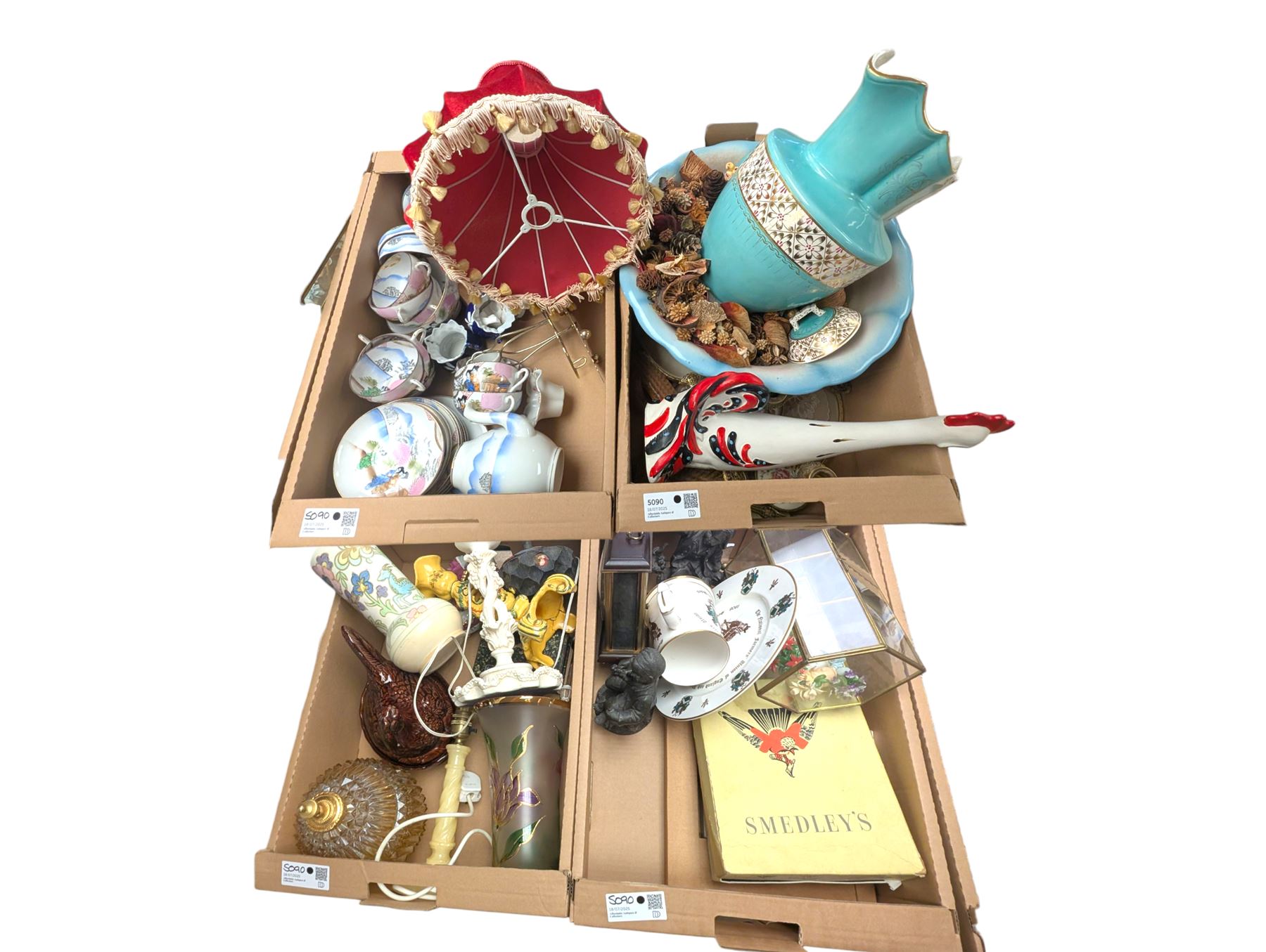 Japanese tea service, wash jug and bowl, Metamec mantle clock, table lamp with shade, and other ceramics and collectables, in four boxes