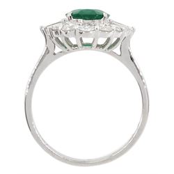 18ct white gold oval emerald, tapered baguette and round brilliant cut diamond cluster ring, stamped 750, emerald 1.40 carat, total diamond weight approx 0.80 carat