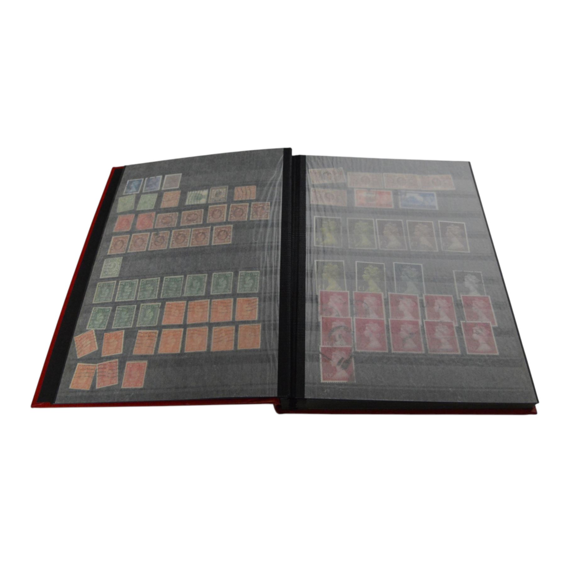 Great Britain stamps, Queen Victoria and later, including QV penny black with partial red MX cancel and three good margins, King Edward VII overprints, Queen Elizabeth II pre-decimal issues, many Queen Elizabeth II mint decimal stamps, etc, housed in four folders and one album