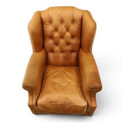 TETRAD for John Lewis - brown leather upholstered wingback armchair, button back with diamond tufted detail, loose seat cushion with piped edge, scroll arms and padded side wings, on short supports