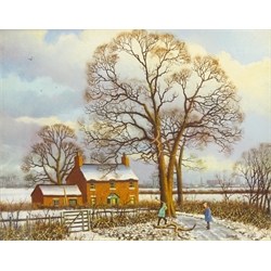  Chopping Wood in the Snow, oil on board signed by Patrick Burke (Northern British contemporary), 28cm x 37cm and Country House in the Snow, oil on board signed by the same hand 19cm x 24cm (2)  