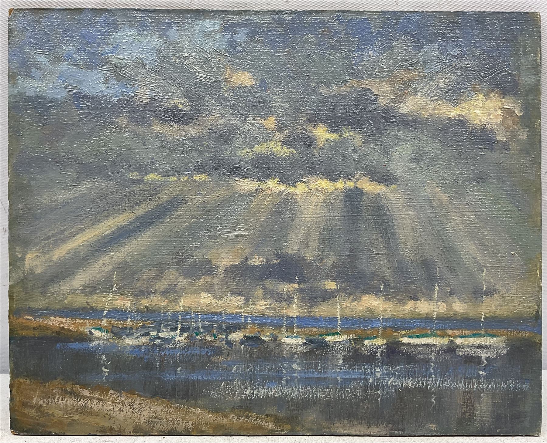 William Burns (British 1923-2010): 'Evening: Burnham Overy Staithe - Norfolk', oil on board unsigned, titled verso 21cm x 26cm (unframed) Provenance: Direct from the family of the artist. Notes: Born in Sheffield in 1923, William Burns RIBA FSAI FRSA studied at the Sheffield College of Art before the outbreak of the Second World War, during which he helped illustrate the official War Diaries for the North Africa Campaign, and was elected a member of the Armed Forces Art Society. On his return, he studied architecture at Sheffield University and later ran his own successful practice, being a member of the Royal Institute of British Architects. However, painting had always been his self-confessed 'first love', and in the 1970s he gave up architecture to become a full-time artist, having his first one-man exhibition in 1979.
