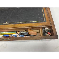 Mahogany brass bound writing box for restoration, the hinged lid lifting to reveal compartmented interior with folding slope, W50cm D25cm H18cm