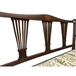 Edwardian walnut settee, shaped cresting rail with fan inlay over three pierced splats, with upholstered seat in raised floral needle work, on cabriole supports