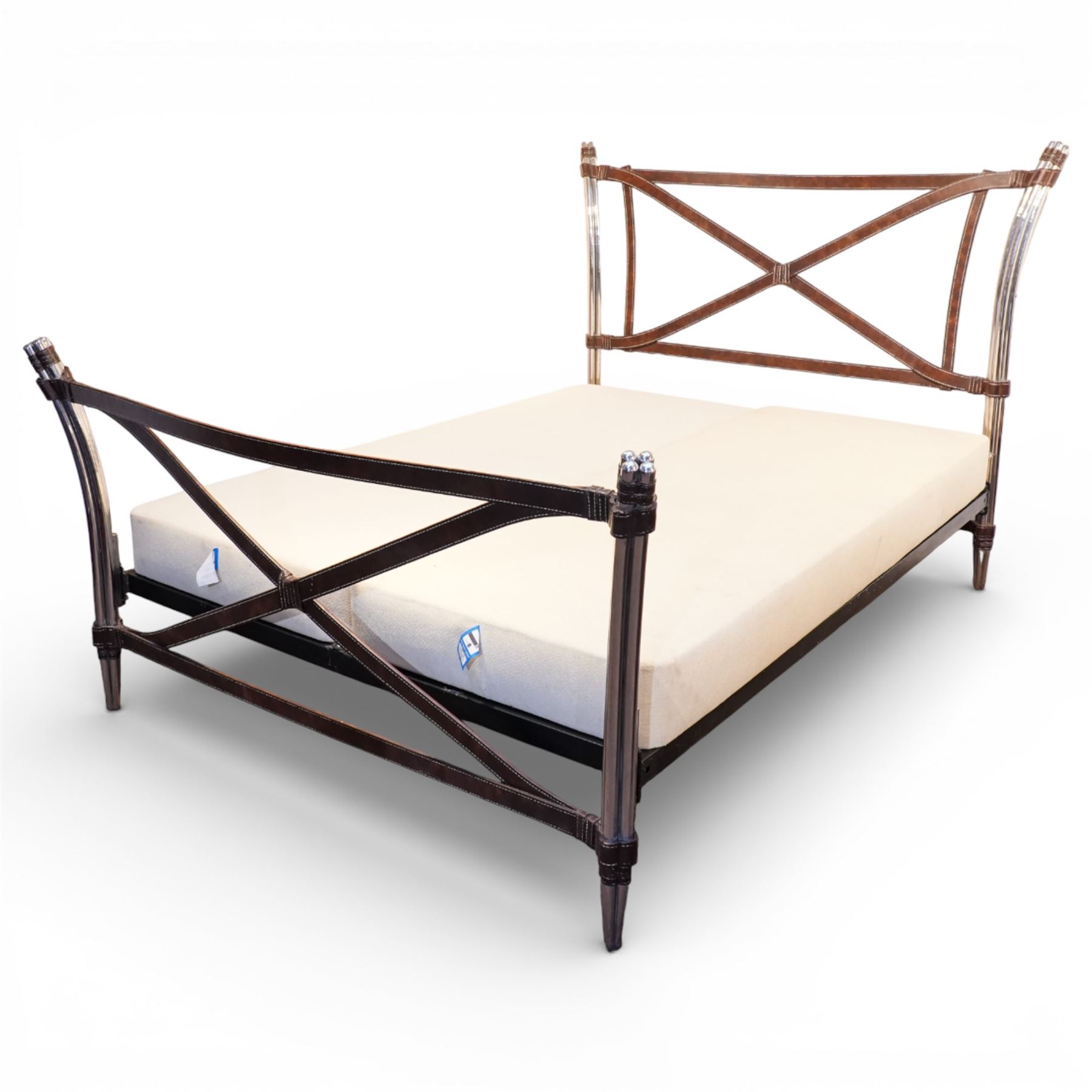 And So To Bed - ‘Aphrodite’ 5' king size bedstead, chrome finished frame with cylindrical uprights, trompe l’oeil leather cross-braced headboard and footboard with X-frame stretchers, on tapering chrome supports