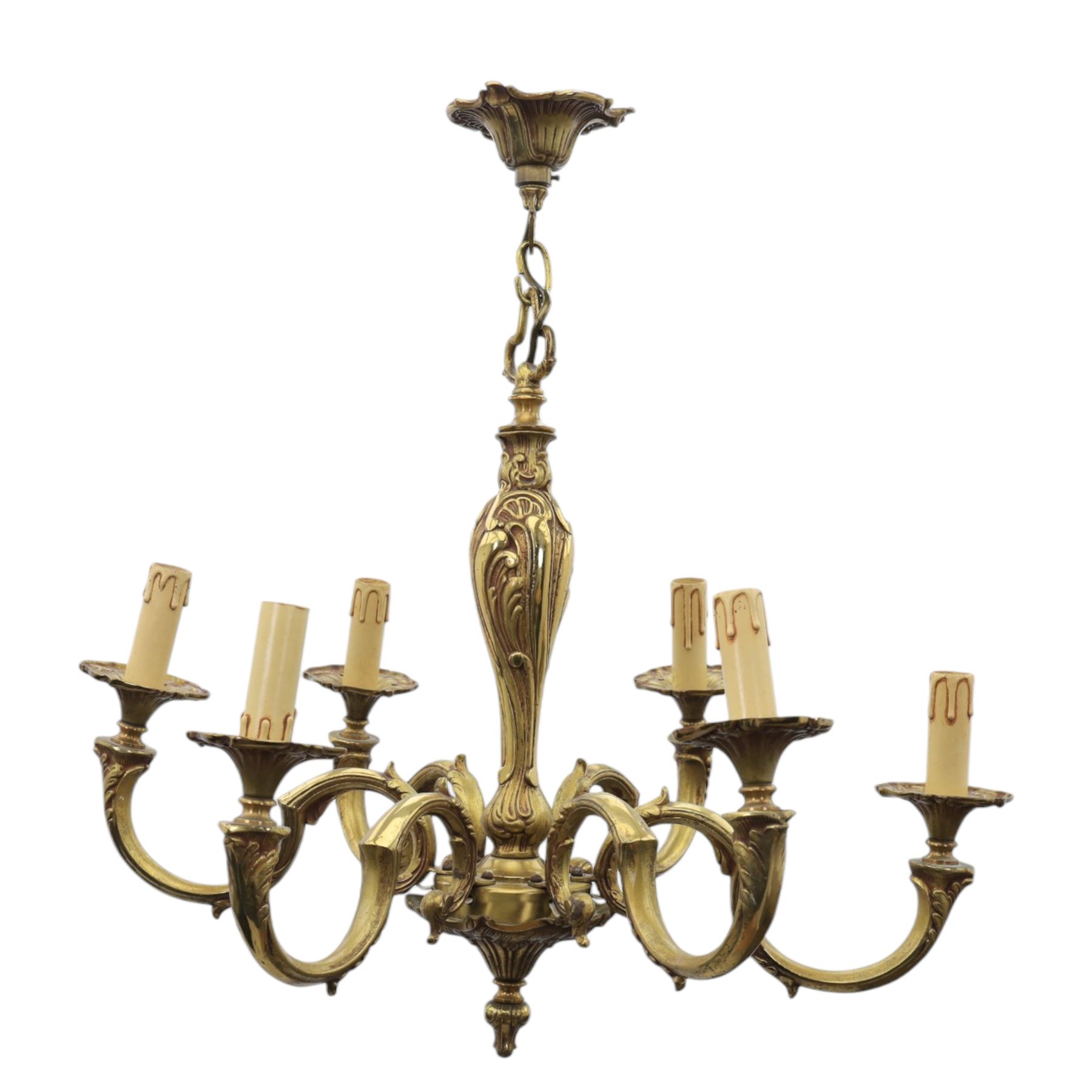 Early 20th century Rococo Revival gilt bronze six branch chandelier