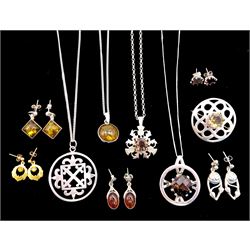 Scottish silver jewellery including Celtic design pendant by Malcolm Gray, citrine brooch and a smoky quartz thistle design pendant, all hallmarked Edinburgh, silver amber and quartz  jewellery and a pair of 9ct gold stone set pendant earrings, hallmarked