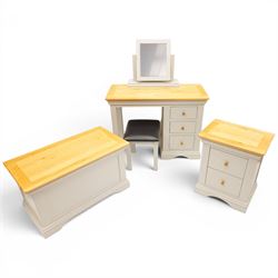 Modern bedroom suite comprising; a dresser, blanket box, bedside table, oak tops over a pa...