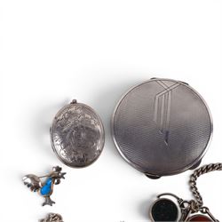 Art Deco silver cased compact mirror, hallmarked W I Broadway & Co, Birmingham 1934, together with Continental silver fob watch, chain, locket and cockerel brooch