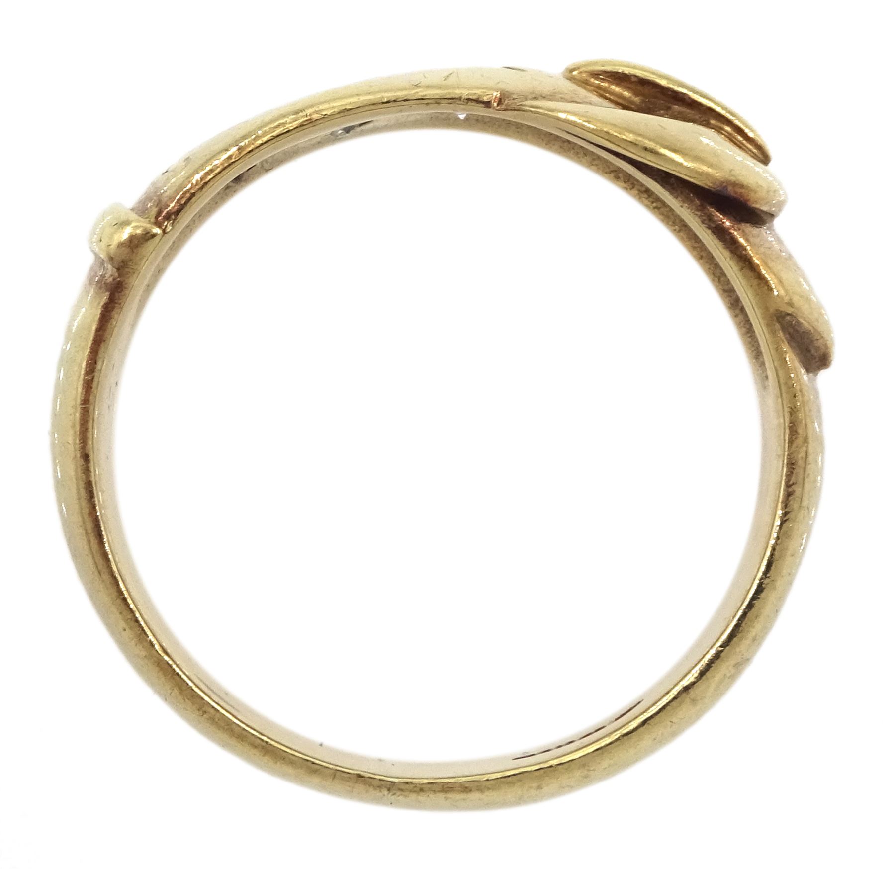 9ct gold gypsy set three stone cubic zirconia buckle ring, hallmarked 