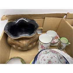 Collection of ceramics to include Bretby jardinière, Royal Worcester, Palissy, Royal Doulton Dickens Ware, Carlton ware, 19th century small dish painted with roses and foliate decoration, lustre, Poole etc in two boxes
