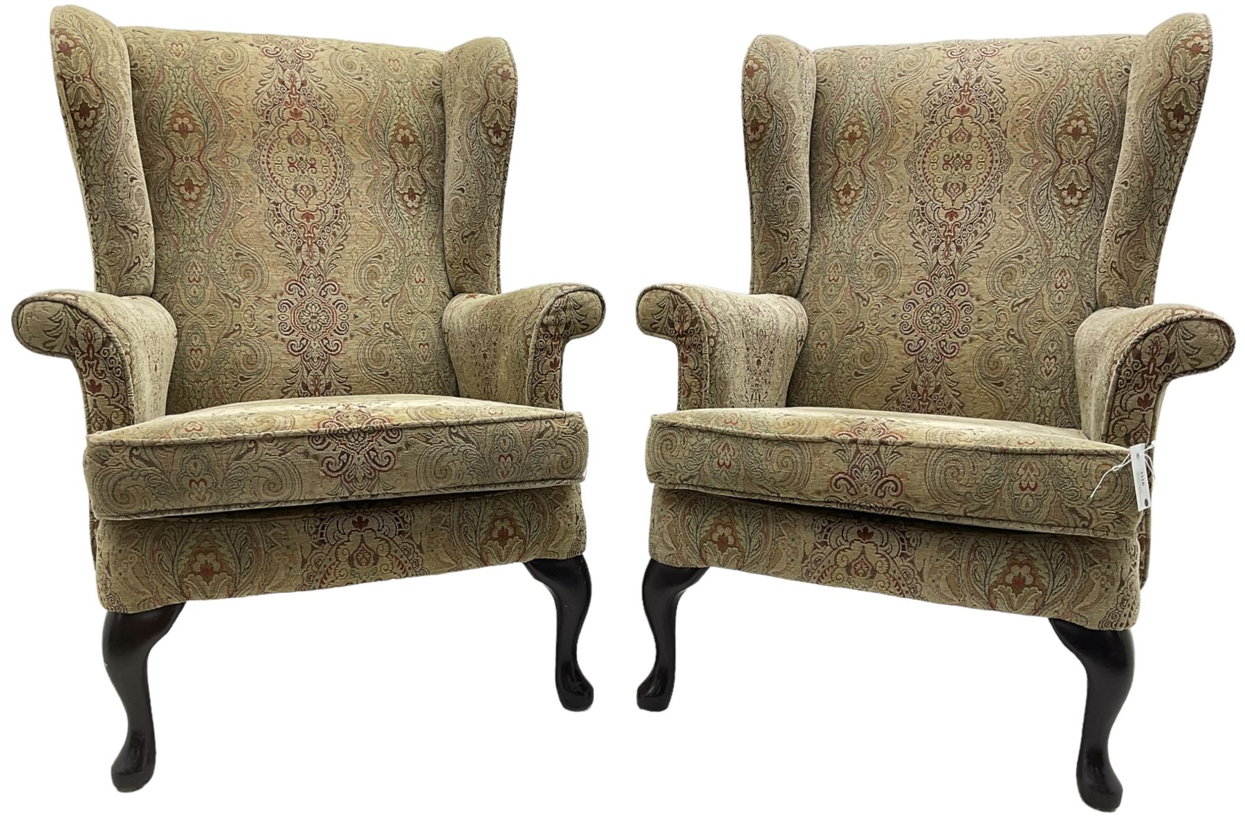Parker Knoll - 'Burghley' pair of wingback armchairs, upholstered in 'Baslow Medallion' gold floral pattern fabric