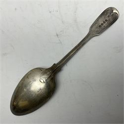Victorian silver Fiddle pattern table spoon, with reed border and engraved monogram to terminal, hallmarked Elizabeth Eaton, London 1853