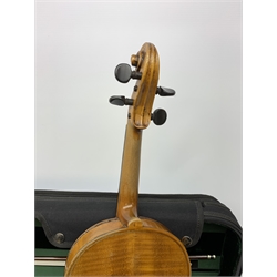 Late 19th century continental violin, possibly Italian, with 36cm two-piece maple back and ribs and spruce top, bears label 'Antonius Stradivarius Anno 1721', 60cm overall; in modern carrying case with silver mounted pernumbuco bow