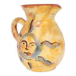 Vallauris French pottery by Patrick Bocca Rossa, jug painted with sun motifs upon a yellow ground, and an octagonal plate with a face to the center, both signed, jug H22cm 