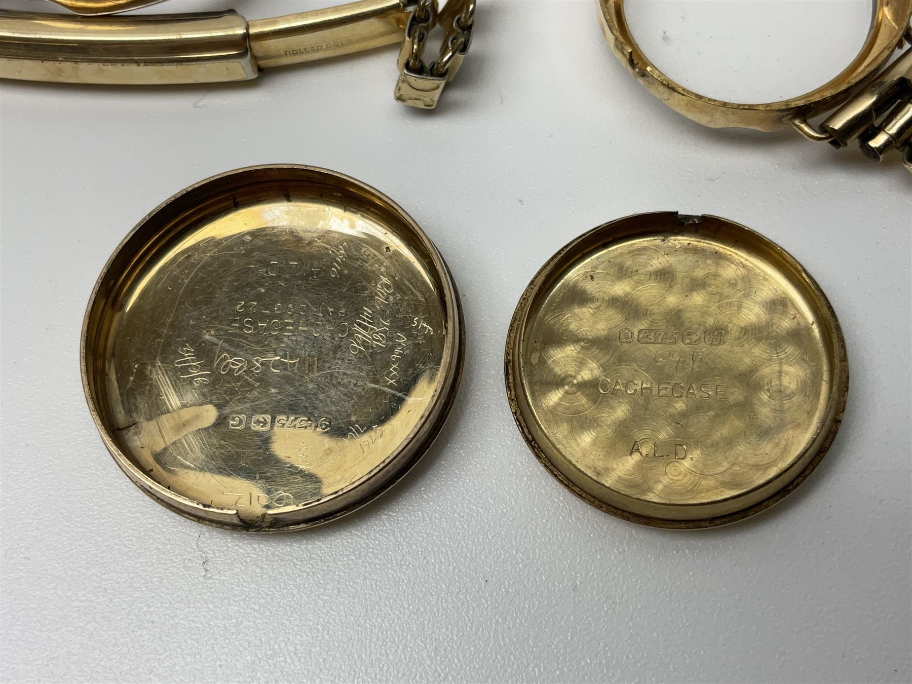 Victorian and later 9ct gold jewellery including glazed photo pendant, three gold cased wristwatches, signet ring and a cameo brooch, all hallmarked and silver jewellery including fobs, wristwatch, brooches and rings etc 