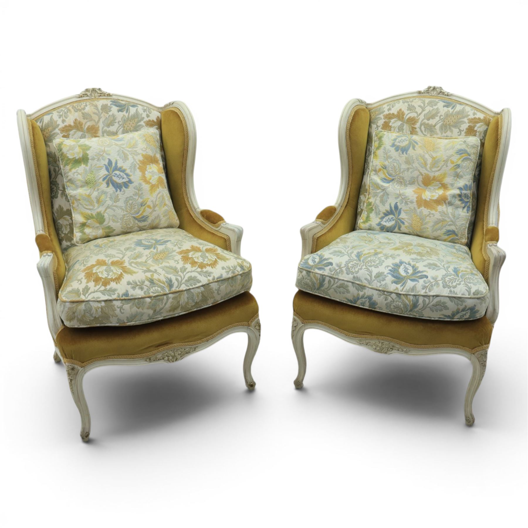 Pair of Louis the XV design white painted armchairs, upholstered in gold fabric with beige floral tapestry back and cushions