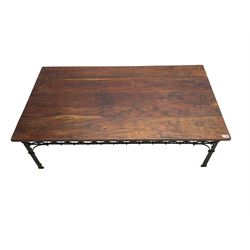 Laura Ashley - mango wood and wrought iron coffee table, the rectangular top over a pierced wrought iron frieze in repeating lozenge pattern