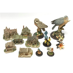 Six boxed Lilliput Lane cottages, comprising Dovetails, Jones the butcher, Kendal tea house, Junk & Disorderly, Rose Cottage, and Armada House, together with six boxed Country Artists figurines, Sparrowhawk, Goldfinch with Lily, Splendid Fairy Wren, Kingfisher, Owl, and Duck. 