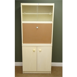  1960's white painted kitchen cabinet with two opaque glass doors and brown fall front, plinth base, W77cm, H180cm, D43cm  