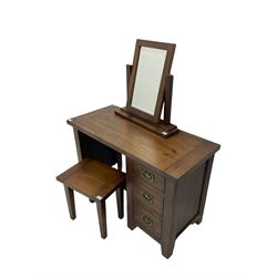 Stained pine dressing table, three graduating drawers, square supports (W110cm, H77cm, D50cm), with matching stool and mirror