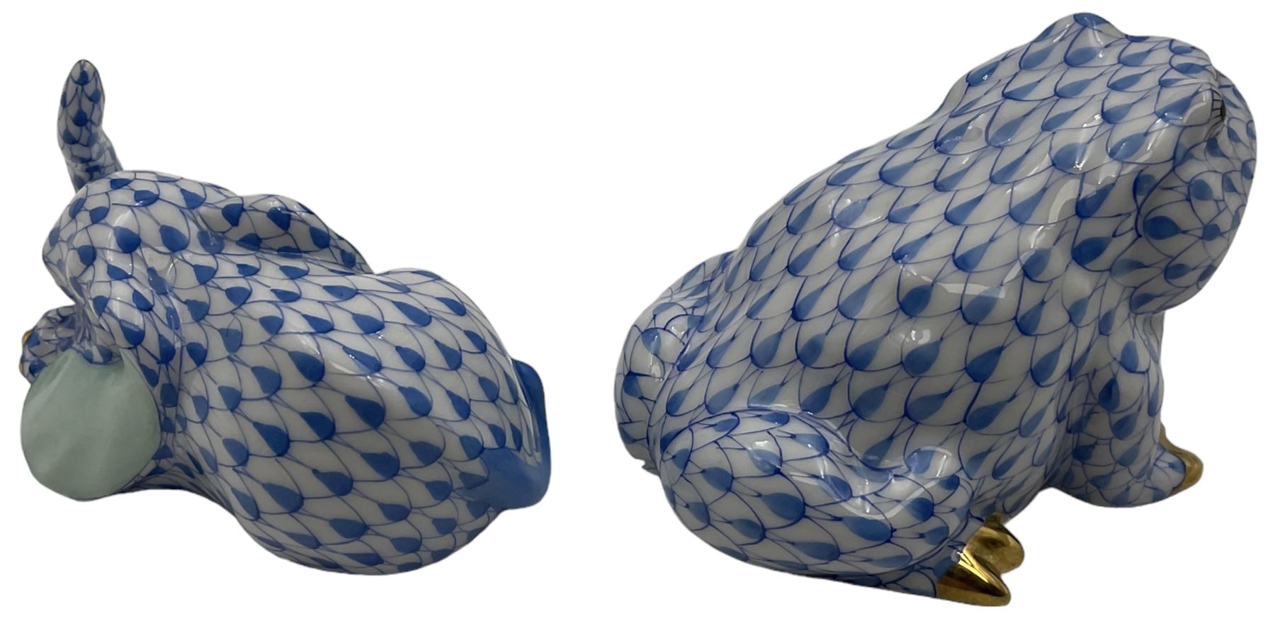 Two Herend fishnet blue figures, comprising toad and resting elephant, H5cm