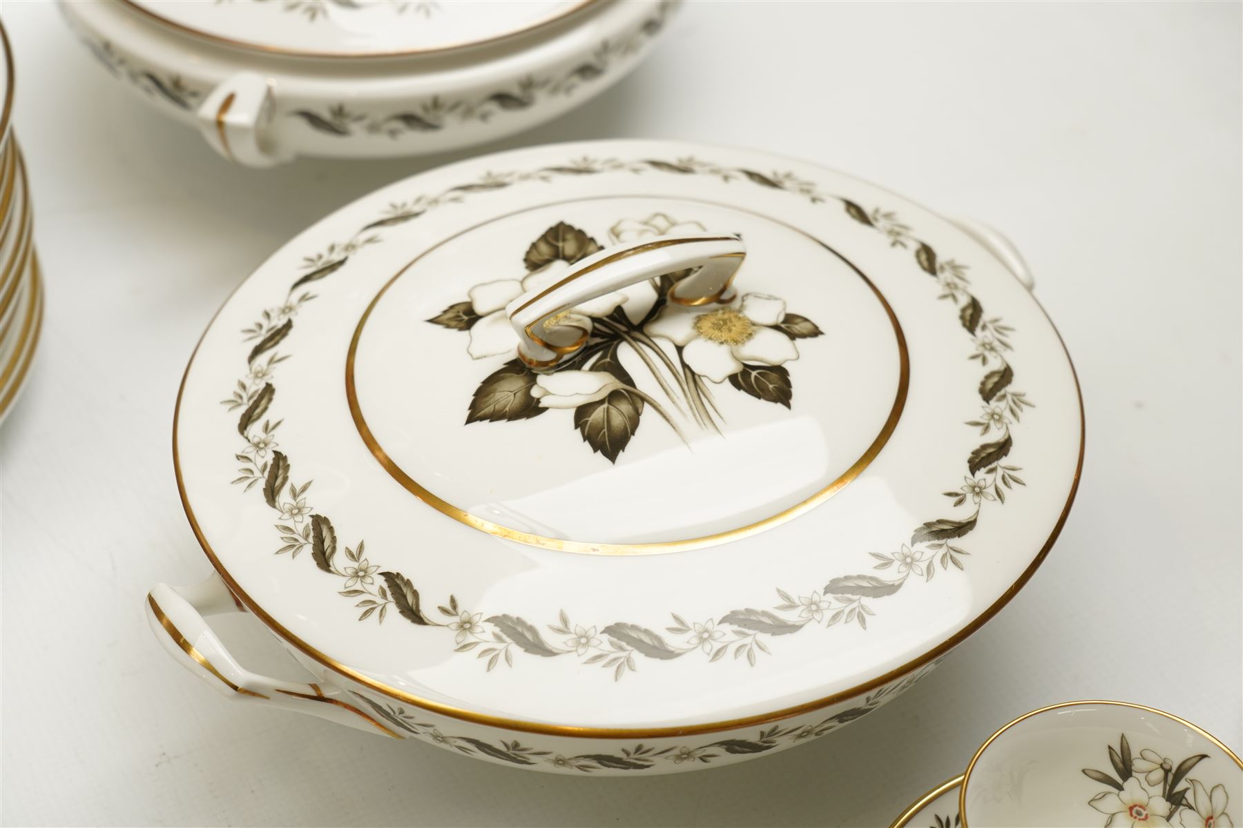 Extensive Royal Worcester Bernina pattern table service comprising thirteen dinner plates, twelve dessert plates, nine two handled soup bowls and stands, twelve side plates, three vegetable dishes and covers, pair of sauce boats and stands, two graduated oval meat plates, eleven tea cups, fourteen saucers, sixteen tea plates, coffee pot and eight coffee cups and saucers, (113 pieces) 