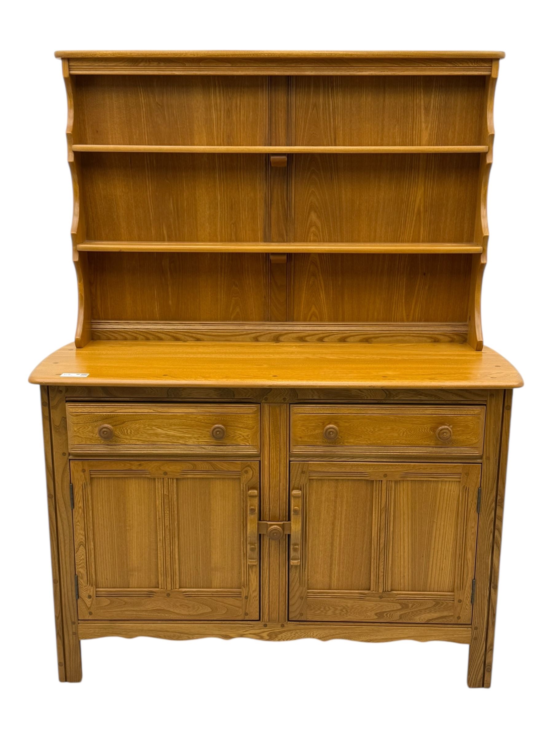 Ercol - golden dawn light elm dresser, plate rack above two drawers and two cupboard doors with sliding wooden lock mechanism 