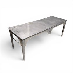 Large galvanised steel industrial or work table, rectangular top over tapering supports, stamped APVO