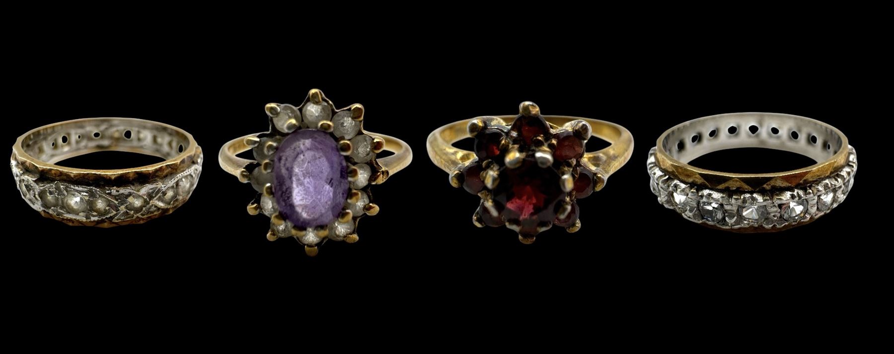 Two gold paste stone set full eternity rings and two gold cluster rings, all 9ct