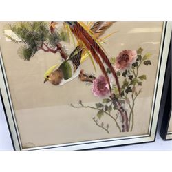 Two 20th century Chinese silk embroidered panels, the first example depicting two cranes amongst cherry blossom and pine branches, the second worked with two pheasants amongst branches with peonies, both in glazed frames, H63cm W37.5cm