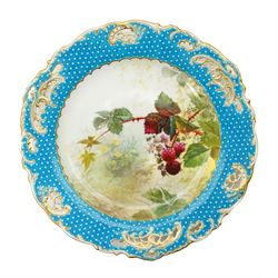 Royal Worcester Elizabeth Vase, H21cm; together with a Royal Crown Derby rectangular serving dish, painted with a shipping scene by WEJ Dean, W28cm, a Davenport plate painted with St Michaels Mount, D24cm, and a Minton plate painted with fruit by F Walklett, D23cm (4)