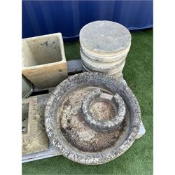 Composite stone rectangular planter, decorated with fruit swags (W54cm), circular composite planter, eight circular composite stepping/pathway stones, Corinthian type plinth, etc. - THIS LOT IS TO BE COLLECTED BY APPOINTMENT FROM DUGGLEBY STORAGE, GREAT HILL, EASTFIELD, SCARBOROUGH, YO11 3TX