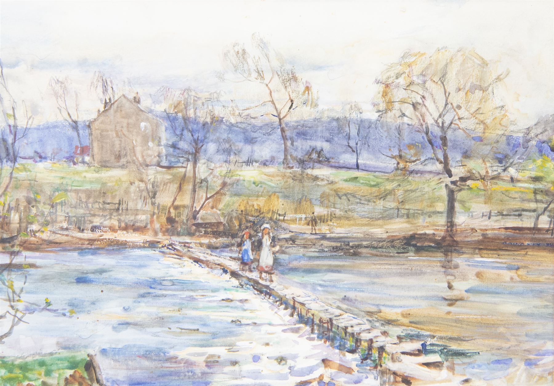 Rowland Henry Hill (Staithes Group 1873-1952): Girls Crossing the Stepping Stones, watercolour signed 26cm x 36cm