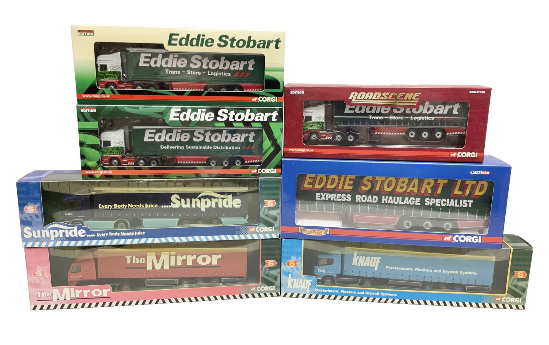 Corgi Eddie Stobart - Hauliers of Renown CC19904 Curtainside Trailer; two limited edition Scania R Curtainside CP18110 & CP18111; Roadscene CC18106 Scania R Curtainside; and three customer livery lorries CC86603  Sunpride, CC86604 Knauf and CC86702 The Mirror; all boxed (7)