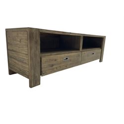 Contemporary hardwood television stand, fitted with two drawers