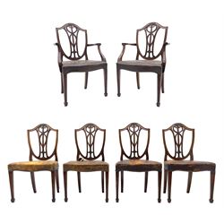 Set six early 20th century Sheraton revival dining chairs, shield shaped back with serpentine bead carved and fluted upright splat, serpentine seat upholstered in leather with stud work, square tapering stop fluted supports with spade feet, the two carvers with curved arms and supports with scroll carved terminals, seat height - 47cm, seat width - 53cm 