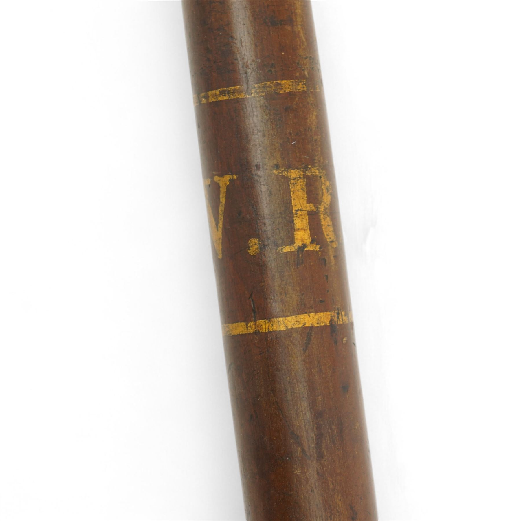 Victorian turned wooden truncheon with A.V.R.cipher in gilt and with ribbed handle L50cm