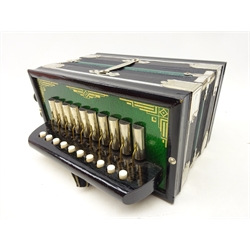  Early 20th century German 'Accordeon' black painted ten-button accordion in unused condition with original box W28cm  