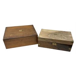 Early 20th century oak canteen box, the hinged lid decorated with marquetry banding and brass shield shaped plaque lifting to reveal red lined interior with lift out tray,  together with a walnut writing slope for restoration, largest L41cm, H44.5cm D33cm