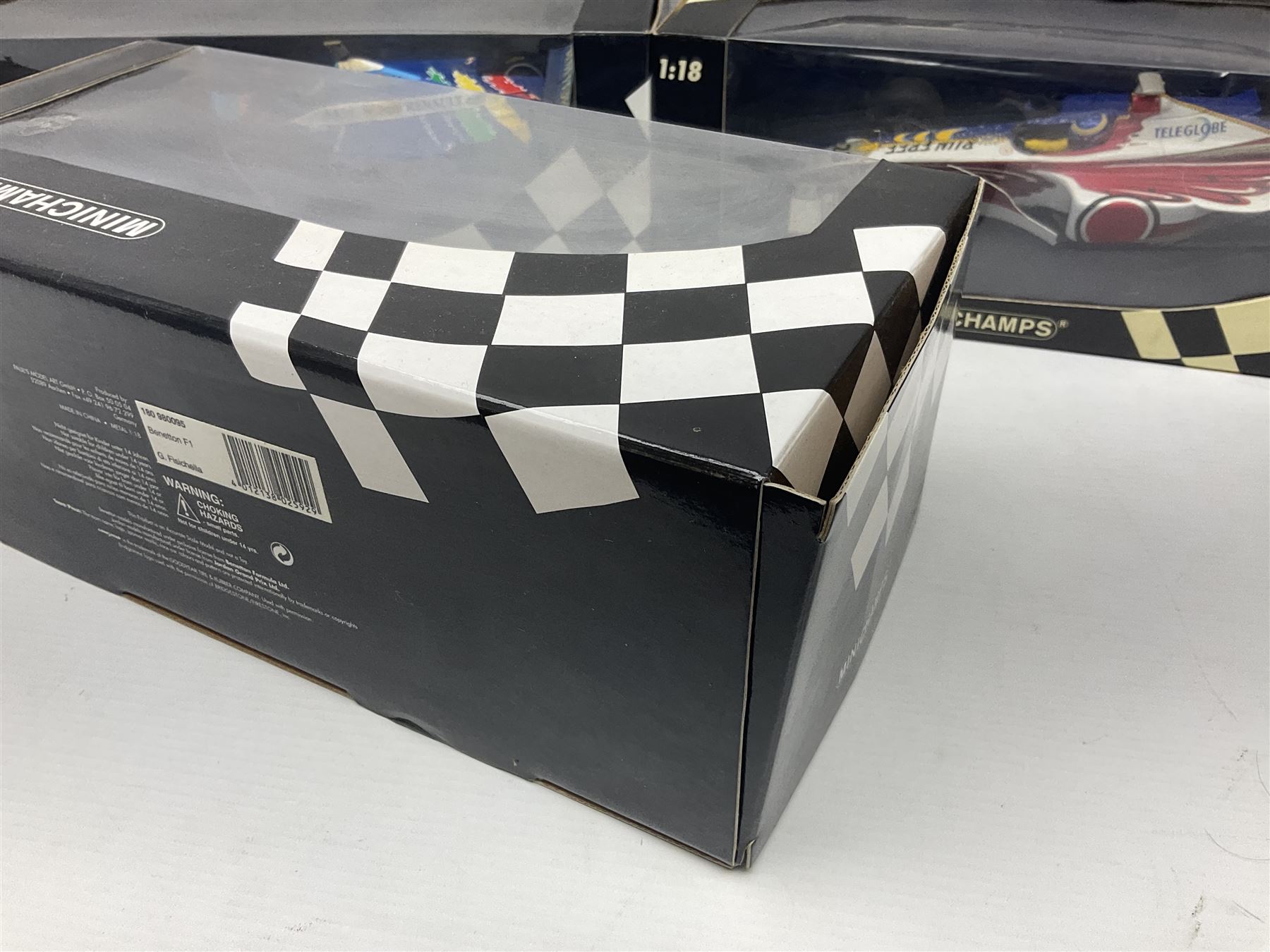 Three Minichamps 1:18 scale die-cast racing cars - Bar 01 Supertec R. Zonta 1999; Benetton b197 Renault G. Berger; and Benetton F1 G. Fisichella; all boxed (3)