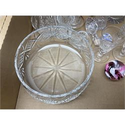 Pair of late 19th/early 20th century drinking glasses, the bucket form bowl engraved Auld Lang Syne with pair of shaking hands and Scottish thistle, together with other quality glassware including Stuart and Waterford drinking glasses, vases etc in two boxes
