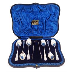 Set of six late Victorian silver teaspoons, each engraved with floral decoration and initials to twist handles, with matching pair of silver sugar tongs, hallmarked James Deakin & Sons, Sheffield 1901, contained within tooled leather silk and velvet lined fitted case 